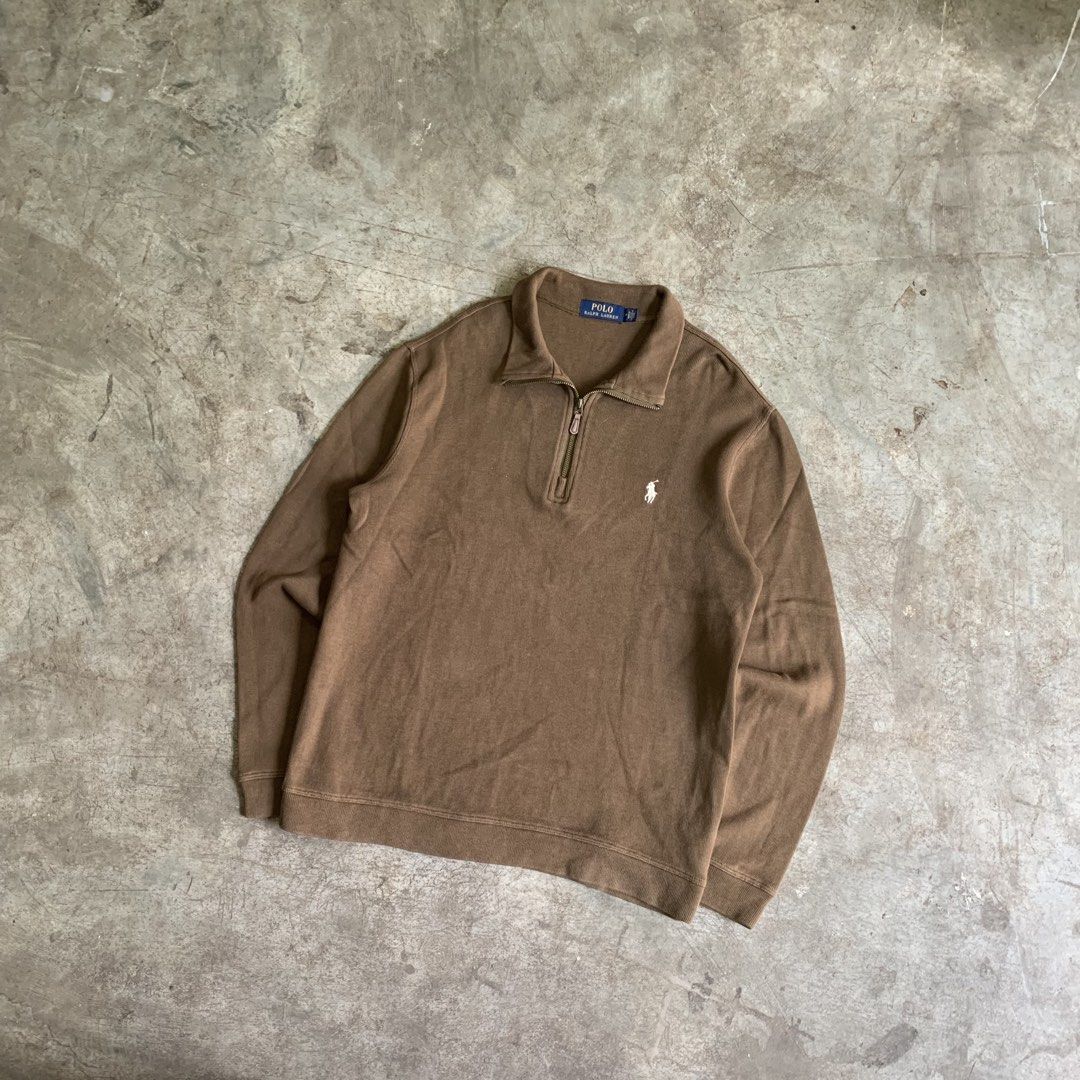 Polo Ralph Lauren Brown Quarter Zip Pullover (Category: Coats, Jackets and Outerwear) located in Manila. Submitted by emplysthrift. (Listing ID 1469299977, Image 2). Description: Width "22 Length "27 Good Condition Colorrate: 9/10 Flaws: None Unli vouch/vc for safe transactions 📲 Location: Laspinas City, Metro Manila, Brngy Talon Uno. 📍 DM IF INTERESTED📥 - Brand: Polo Ralph Lauren - Color: Brown with white embroidered pony logo - Style: Quarte