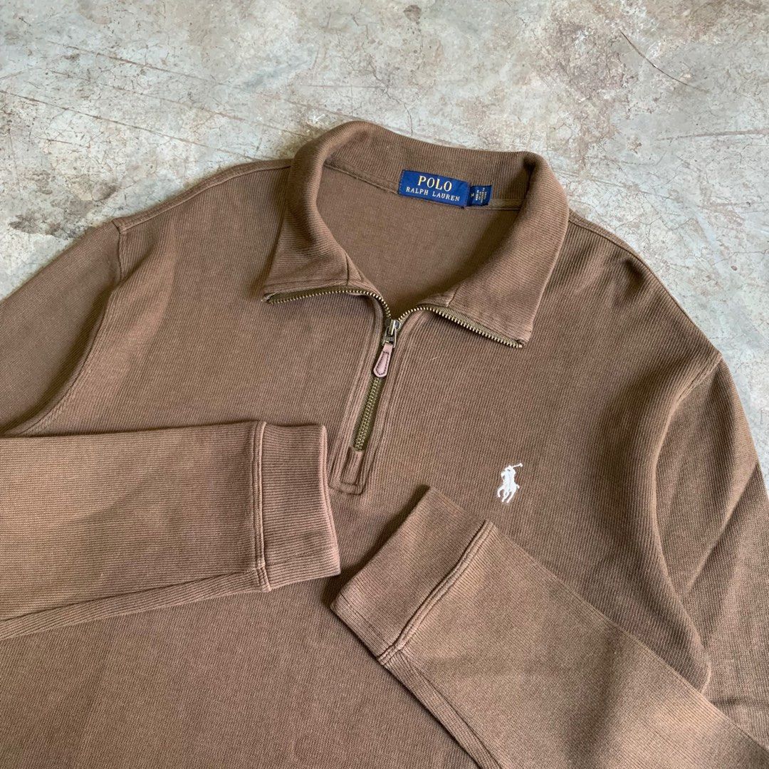 Polo Ralph Lauren Brown Quarter Zip Pullover (Category: Coats, Jackets and Outerwear) located in Manila. Submitted by emplysthrift. (Listing ID 1469299977, Image 3). Description: Width "22 Length "27 Good Condition Colorrate: 9/10 Flaws: None Unli vouch/vc for safe transactions 📲 Location: Laspinas City, Metro Manila, Brngy Talon Uno. 📍 DM IF INTERESTED📥 - Brand: Polo Ralph Lauren - Color: Brown with white embroidered pony logo - Style: Quarte