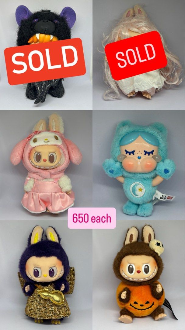 Pop Mart PENDANTS (Category: Plushies & Soft Toys) located in Las Pinas. Submitted by silverfalcon_dbc769 (Listing ID 1469342438, Image 1). Description: - Assorted designer art toys available - Includes Labubu characters (My Melody, sparkly purple dress, pumpkin costume) and a blue Crybaby figure - Price: ₱650 each - Crybaby comes with tags attached - Great addition to any collection or display - PM to choose your preferred character!.