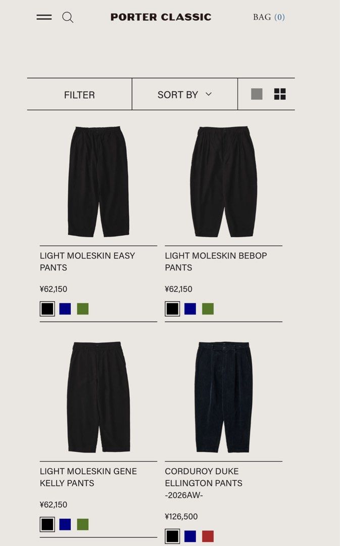 PORTER CLASSIC - TRIPLE PLEATED BALOON TROUSER (Category: Trousers) located in Bacolod City. Submitted by timelessbyjosh (Listing ID 1469284049, Image 2). Description: BEST FOR CASUAL OUTFITS SIZE : MEDIUM ACTUAL COLOR : BLACK COLOR RATE : 9. 5 OUT OF 10 CONDITION : EXCELLENT MATERIAL : 100 % COTTON MADE IN : JAPAN FLAWS : NONE DIMENSIONS WAIST - 32 LENGTH - 36. 5 THIGH - 16 LEG OPENING - 7 MEASUREMENT TAKEN WHILE LAYING FLAT. PLEASE COMPARE THE 