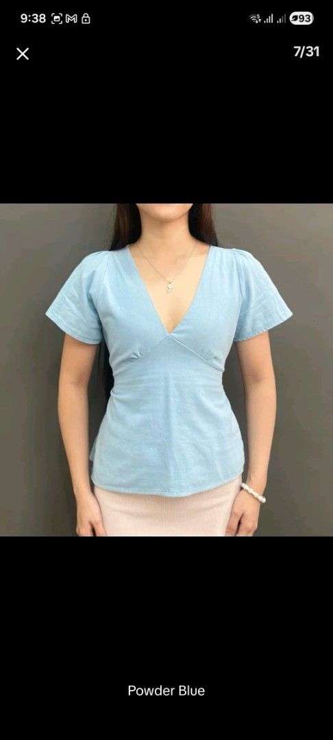 powder blue vneck top (Category: Blouses) located in Pasay City. Submitted by umuulan (Listing ID 1469312828, Image 3). Description: trendy powder blue vneck top -size medium -di bagay sakin na broad shoulders huhu mas lalong lumapad tignan 😭 -worn once only payment: maribank, gcash, gotyme, bdo delivery: lalamove, j&t shipping only every monday-wednesday meetup: moa, parqal.