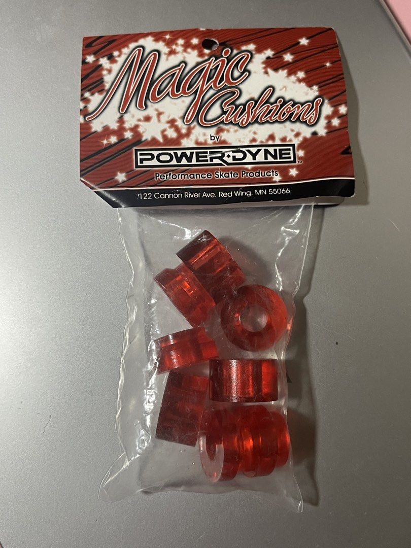 PowerDyne Magic Cushions Red Skate Cushions (Category: Skates, Rollerblades & Scooters) located in Manila. Submitted by darkpetalblush (Listing ID 1469176633, Image 1). Description: - Brand: PowerDyne Magic Cushions - Color: Red -Hardness: 78A - Condition: Brand new, factory sealed, unopened bag - Benefits: Improves edging GCASH PAYMENT, QC AREA.