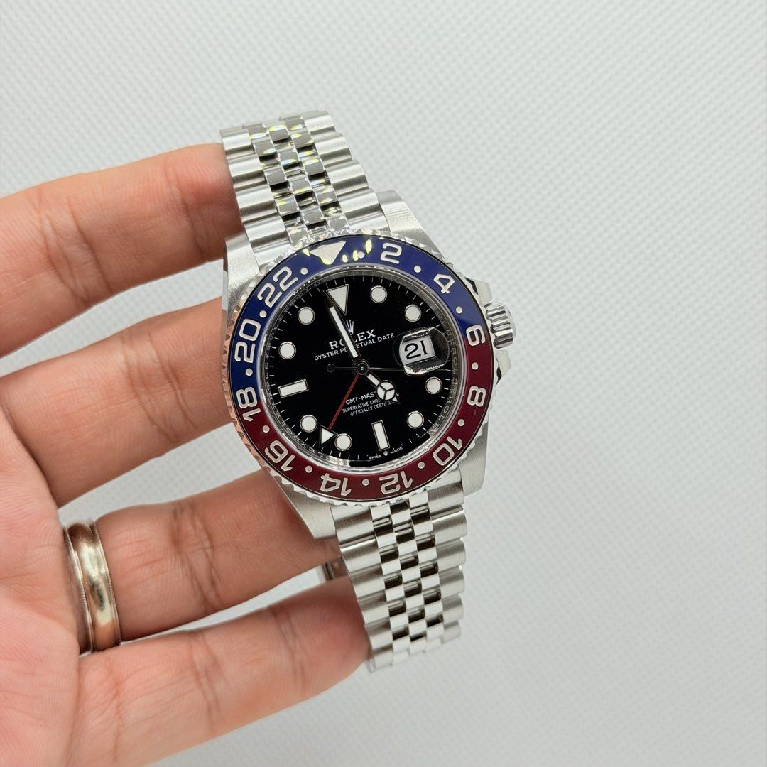Pre Owned 02/2025 Rolex 126710BLRO GMT Master II Pepsi Jubilee 126710 (Category: Watches) located in Singapore. Submitted by worthytime (Listing ID 1469308178, Image 1). Description: 🫵Join our Tele-gram channel for latest updates: worthytime.biz/tele ➡️Rolex 126710BLRO GMT Master II Pepsi Jubilee ➡️February 2025 (5 Years Rolex International Warranty Till 02/2030) ➡️Very Mint Condition ➡️Full Complete Set + White Tag 💡Discontinued Model ✅Trade U