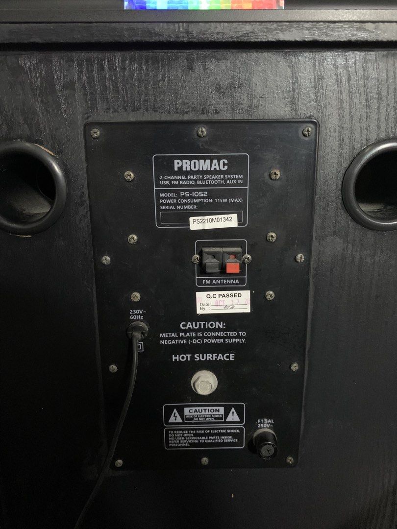 Promac Speaker (Category: Soundbars, Speakers & Amplifiers) located in Manila. Submitted by jerezmich79353 (Listing ID 1469223880, Image 2). Description: Promac Speaker 2- Channel Party Speaker System USB, FM Radio, Bluetooth, AUX In Model: PS-1052 Power Consumption:115W (MAX) Rfs: Decluttering Condition: Good as new .