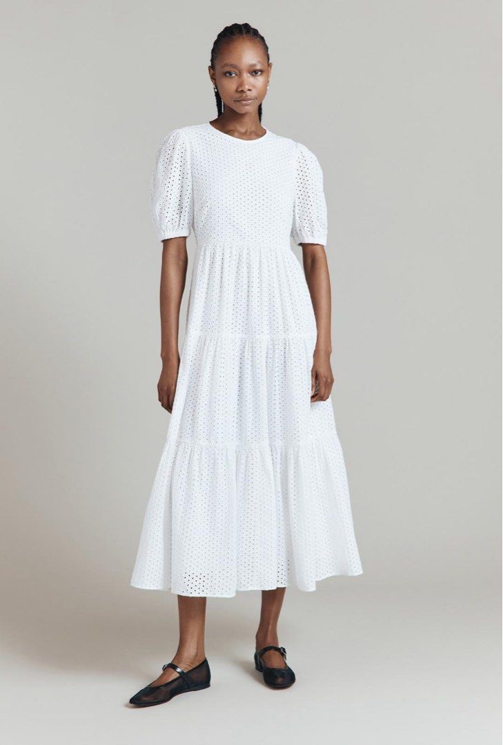 PUFFED SLEEVES EYELET MIDI DRESS (Category: Dresses) located in Quezon City. Submitted by fashionblvdph02 (Listing ID 1469216409, Image 2). Description: fits small to med waist 28”; length 50” zip back with inner linings HIGH QUALITY.