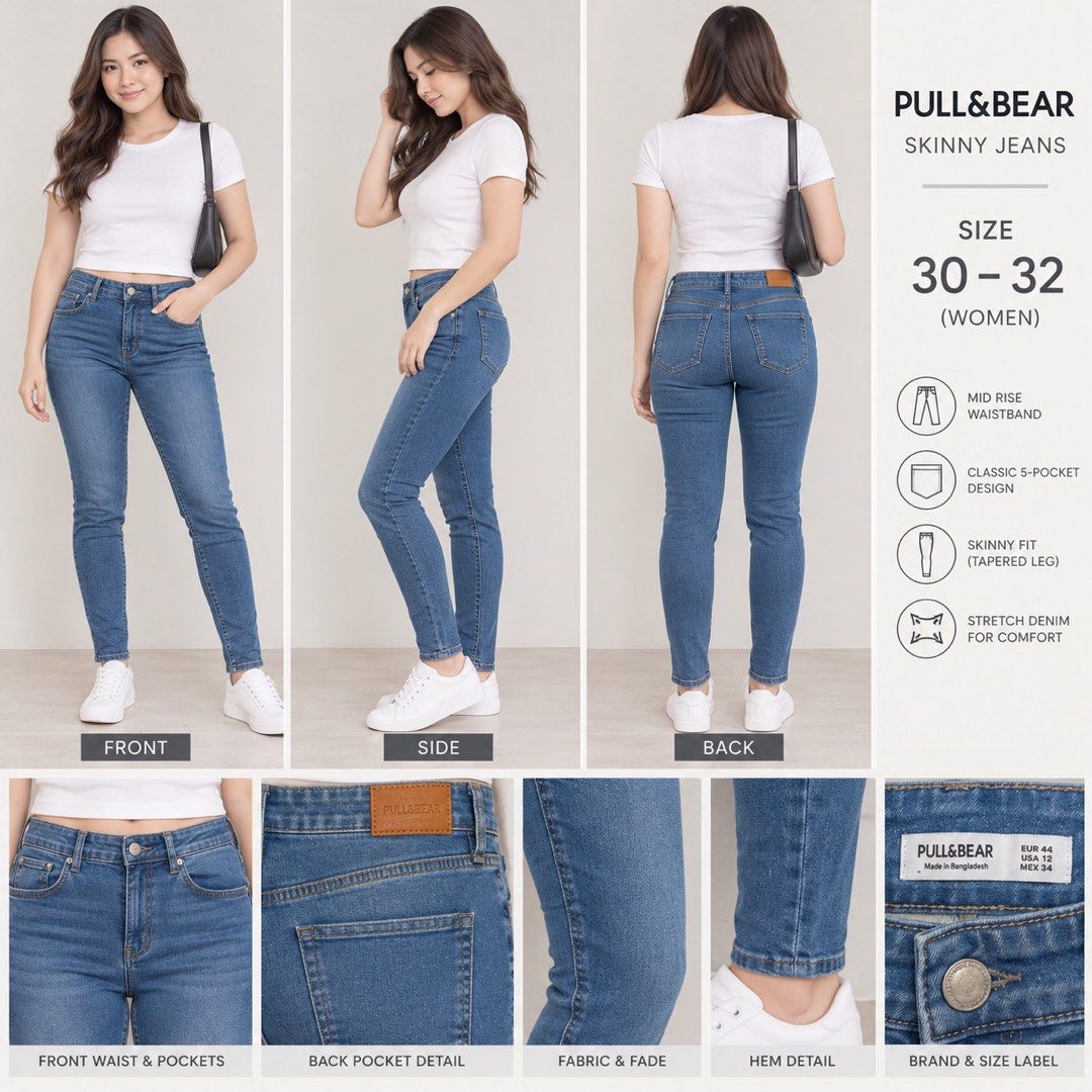 Pull&Bear Skinny Jeans Mid Rise Size EUR 44 (Category: Jeans) located in Pasig City. Submitted by pmlmri (Listing ID 1469191123, Image 1). Description: - Brand: Pull&Bear - Style: Skinny jeans in medium blue wash - Fit: Mid-rise with comfortable stretch denim - Size: Tagged EUR 44 / USA 12 / MEX 34 (Waist measures approx. 16 inches flat) - Origin: Made in Bangladesh - Condition: Brand new never worn RFS: In need of funds Mode of Shipping: J&T or 