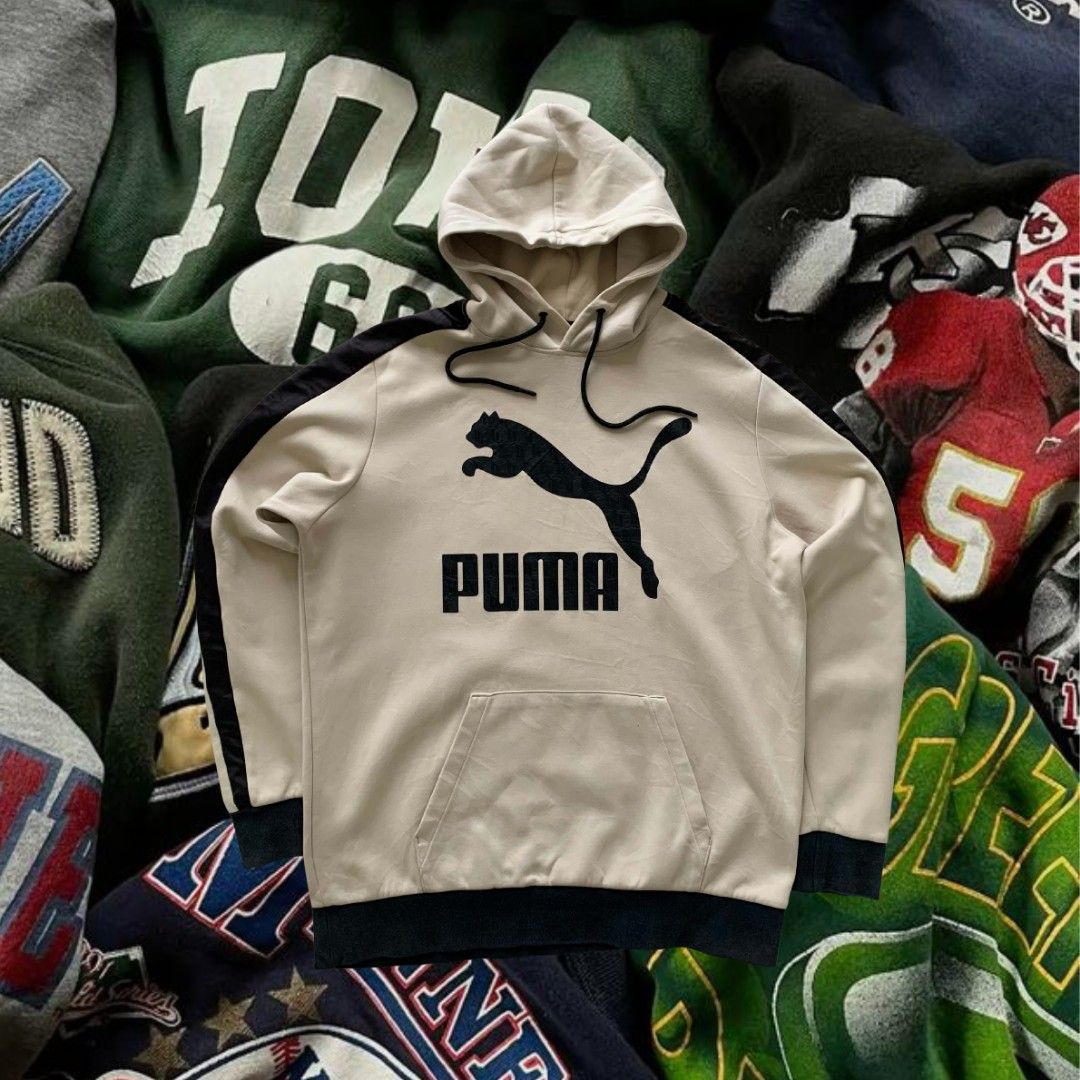 Puma Beige Black Hoodie Size L (Category: Hoodies) located in Manila. Submitted by llamanzaresdave11 (Listing ID 1469188721, Image 1). Description: Puma Big Logo Colorblock Pullover Hoodie Size - Large Dimensions: Width - 23 Length - 27 Color Rate: 9.5/10 Excellent condition Issue: None.