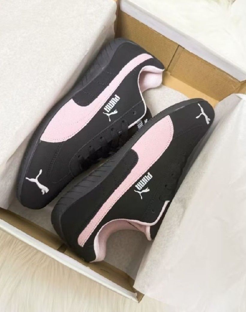 Puma Black Pink Low Top Sneakers (Category: Sneakers) located in Manila. Submitted by queennnnnnyyy (Listing ID 1469214925, Image 2). Description: - Brand: Puma - Color: Black and pink with white branding - Material: Suede finish with pink laces - Condition: Never worn out, 10/10 clean condition - Inclusion: Comes with original shoe box.