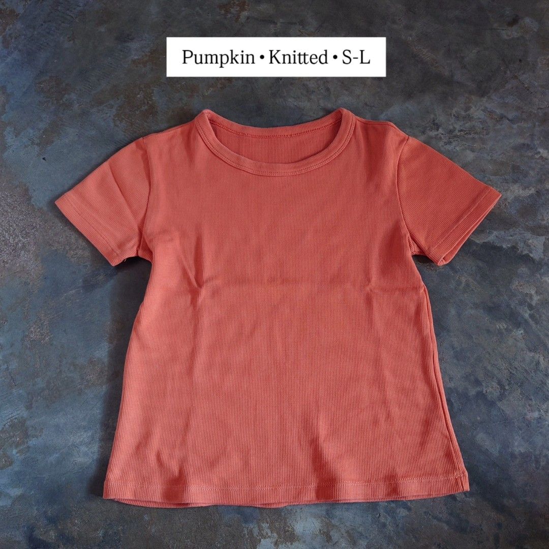 Pumpkin Knitted T-Shirt S-L (Category: Shirts) located in Diffun. Submitted by declutteredbyJill (Listing ID 1469234206, Image 1). Description: - Color: Pumpkin - Material: Ribbed knitted fabric - Design: Short sleeves with classic round neckline - Fit: Stretchy, fits sizes S to L - Style: Great basic top for daily wear, easy to match with jeans or skirts.