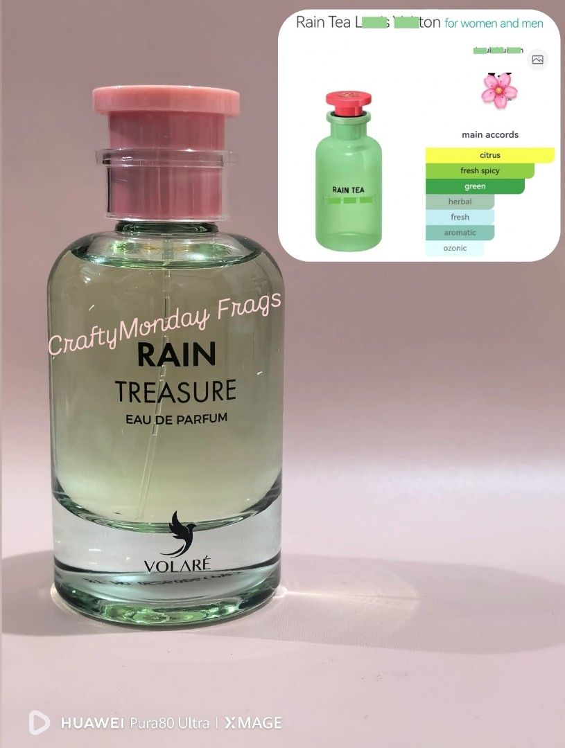RAIN TREASURE (LV RAIN TEA) decant (Category: Fragrance & Deodorants) located in Makati City. Submitted by craftymondayfrags (Listing ID 1469229889, Image 1). Description: RAIN TREASURE decant Dupe of Louis Vuitton Rain Tea ₱60 per ml 5ml - ₱200 10ml - ₱300.
