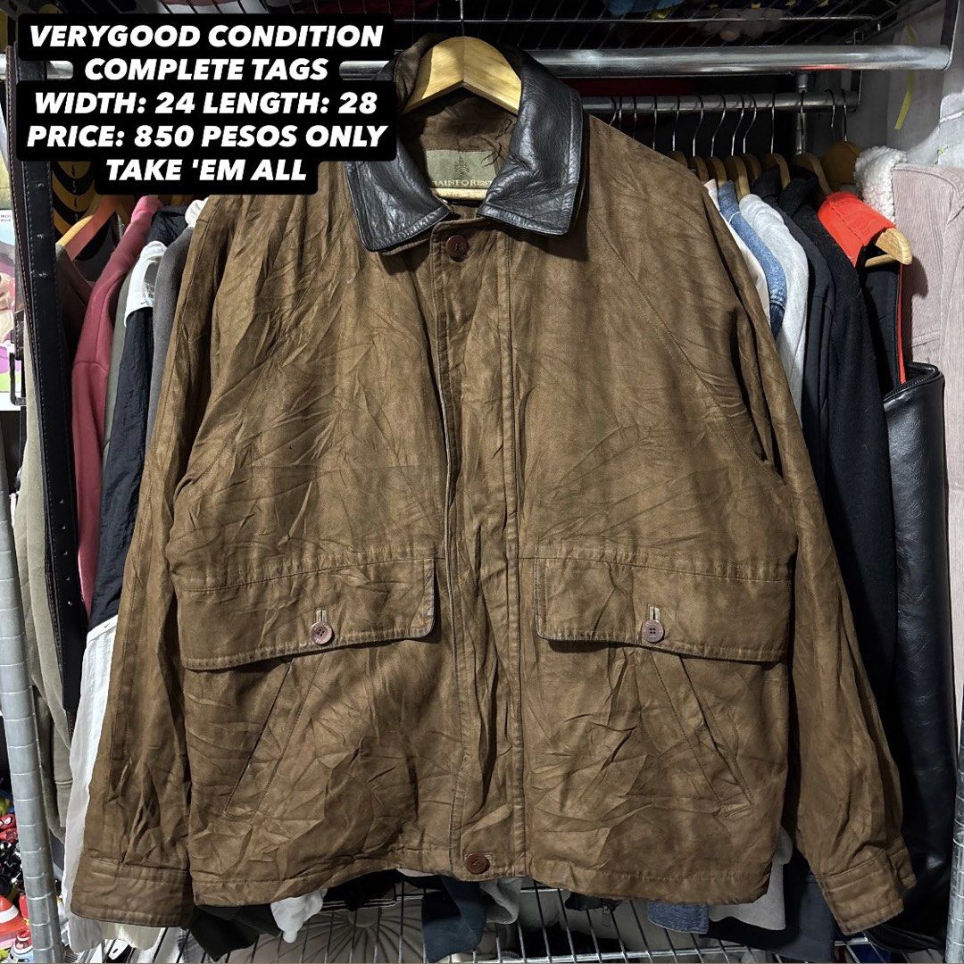 Rainforest Brown Jacket with Leather Collar (Category: Coats, Jackets and Outerwear) located in Caloocan City. Submitted by bonsatocha43876 (Listing ID 1469322503, Image 1). Description: - Color/Style: Brown Rainforest jacket with a contrast black leather collar - Closure: Full zip front with a secure button flap - Pockets: Big front pockets plus extra interior pockets - Lining: Stylish patterned inside lining - Dimensions: Width 24 inches, Lengt