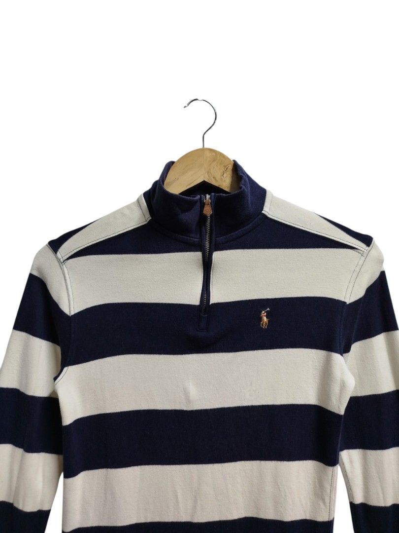 RALPH LAUREN STRIPE QUARTER ZIP JACKET (Category: Babies & Kids Fashion) located in Bayombong. Submitted by Gentlemans_ClosEt (Listing ID 1469291967, Image 2). Description: RALPH LAUREN STRIPE QUARTER ZIP JACKET SIZE 10-12 ON TAG DIMES: W15 X L22 GOOD CONDITION MINOR LOOSE STITCHING AT THE BOTTOM HEM.