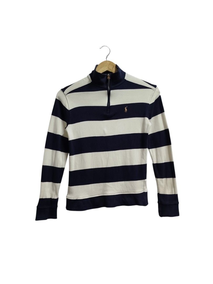 RALPH LAUREN STRIPE QUARTER ZIP JACKET (Category: Babies & Kids Fashion) located in Bayombong. Submitted by Gentlemans_ClosEt (Listing ID 1469291967, Image 1). Description: RALPH LAUREN STRIPE QUARTER ZIP JACKET SIZE 10-12 ON TAG DIMES: W15 X L22 GOOD CONDITION MINOR LOOSE STITCHING AT THE BOTTOM HEM.
