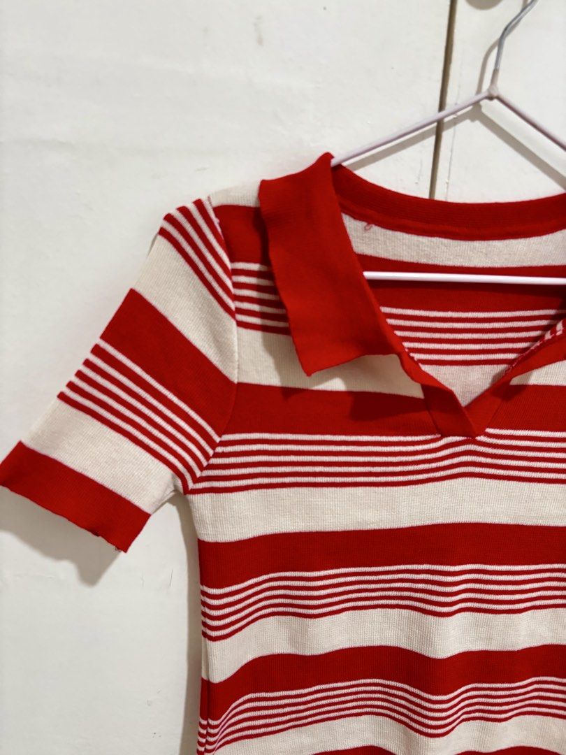 Red and White Striped Knitted Collared Top (Category: Blouses) located in Manila. Submitted by dianafayesimbre (Listing ID 1469382203, Image 3). Description: - Design: Red and white striped knit top with lapel collar and V-neckline - Fit: Slim fit, short sleeves, hits above the waist - Material: Stretchy, ribbed texture for all-day comfort - Styling: Perfect to pair with high-waisted denim jeans - Fits small to large frame.