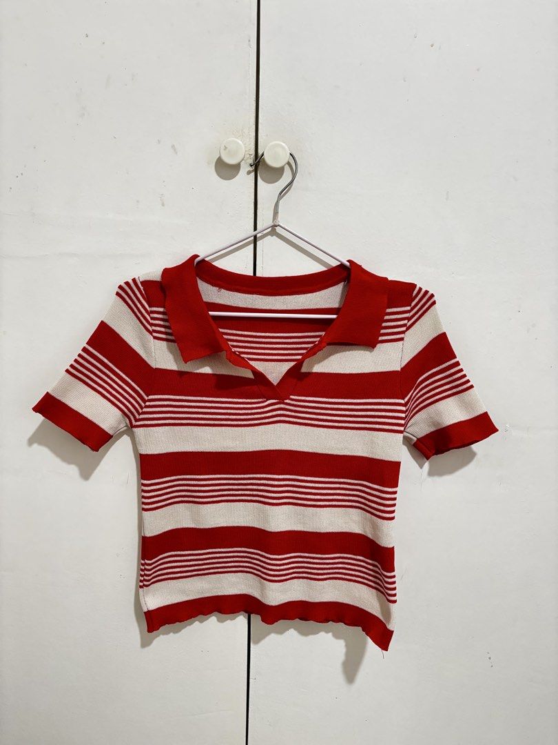 Red and White Striped Knitted Collared Top (Category: Blouses) located in Manila. Submitted by dianafayesimbre (Listing ID 1469382203, Image 2). Description: - Design: Red and white striped knit top with lapel collar and V-neckline - Fit: Slim fit, short sleeves, hits above the waist - Material: Stretchy, ribbed texture for all-day comfort - Styling: Perfect to pair with high-waisted denim jeans - Fits small to large frame.