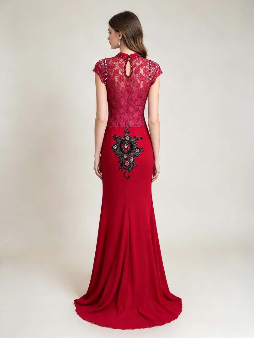 Red Long Evening Dress with Lace and Beading (Category: Evening dresses & gowns) located in Caloocan City. Submitted by mylove326 (Listing ID 1469237021, Image 2). Description: - Color: Striking red with a lace top - Details: Intricate beads and sequins around the neckline and shoulders - Design: Elegant black floral embroidery flowing diagonally down the front and back - Silhouette: Mermaid cut with a flattering small train - Back: Chic keyhole 