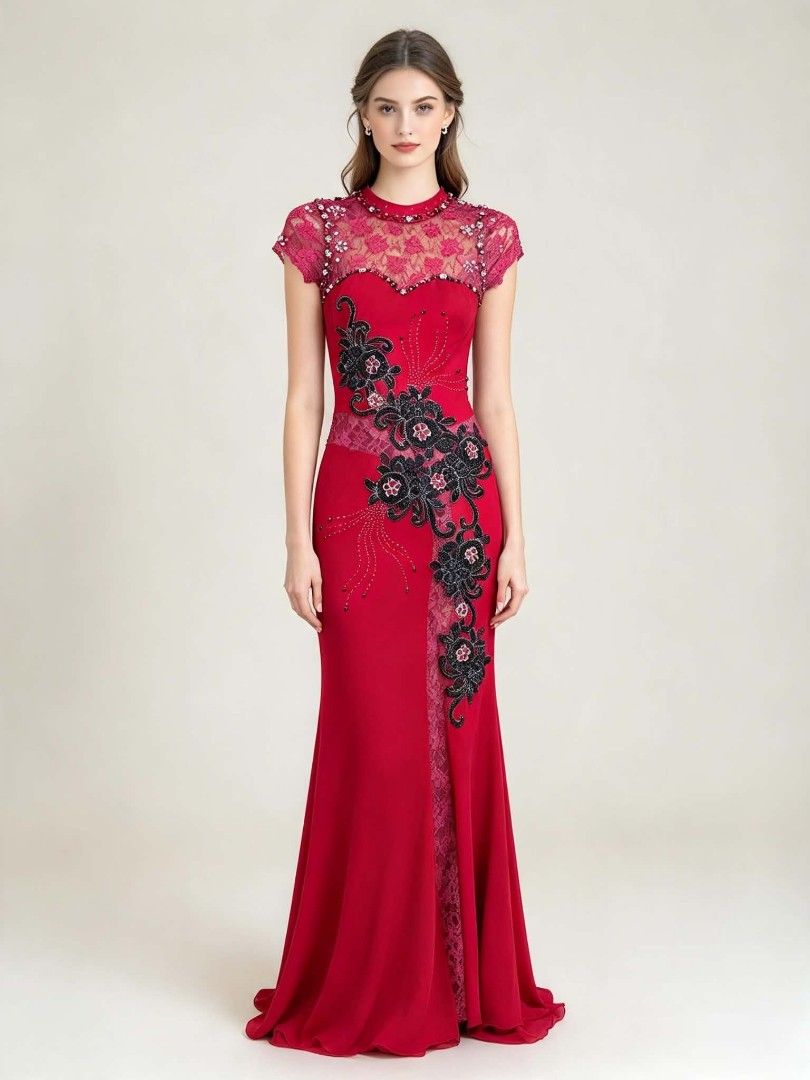 Red Long Evening Dress with Lace and Beading (Category: Evening dresses & gowns) located in Caloocan City. Submitted by mylove326 (Listing ID 1469237021, Image 1). Description: - Color: Striking red with a lace top - Details: Intricate beads and sequins around the neckline and shoulders - Design: Elegant black floral embroidery flowing diagonally down the front and back - Silhouette: Mermaid cut with a flattering small train - Back: Chic keyhole 