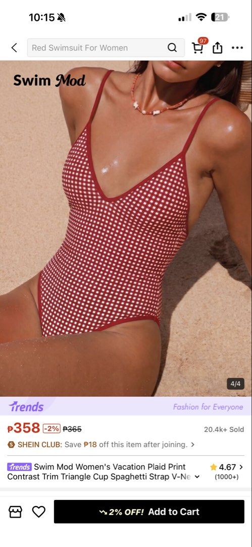 red plaid one piece (Category: Bikinis & Swimsuits) located in Marilao. Submitted by camillaaa_ (Listing ID 1469174797, Image 2). Description: plaid print one piece can fit small-medium padded used twice only! can pass as brand new.