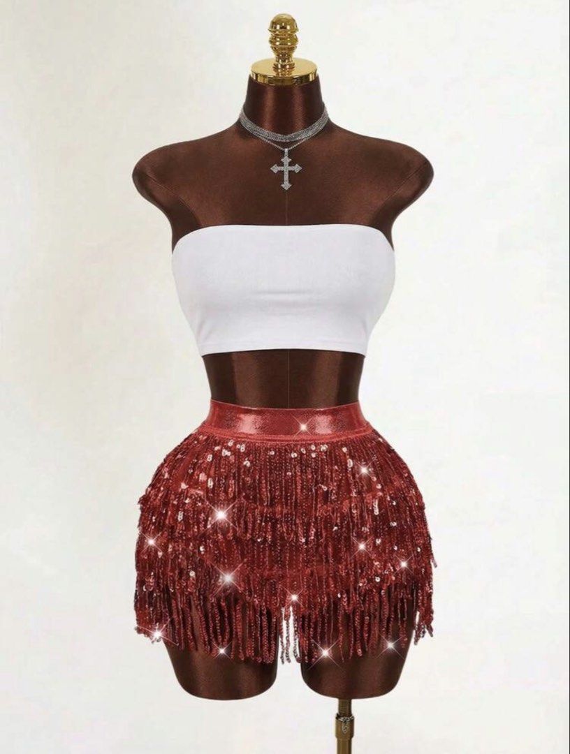 red sequin fringe skirt ONLY (Category: Sets or Coordinates) located in Manila. Submitted by happymoon_0ae0c8 (Listing ID 1469232837, Image 1). Description: - xxs - negotiable - rfs: change of halloween costume - for halloween costumes.