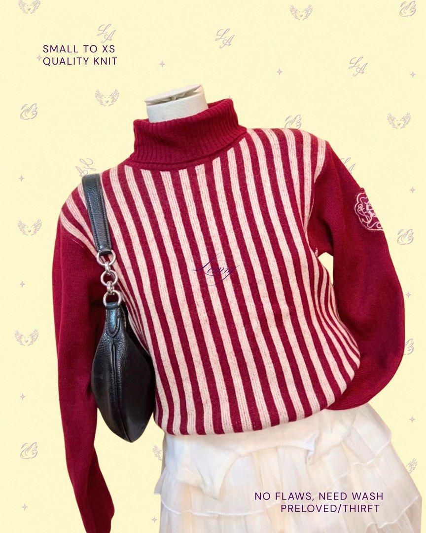 red stripe tneck knitted sweater (Category: Longsleeves) located in Baguio. Submitted by boughtoomuch (Listing ID 1469332566, Image 1). Description: - Item: Red and white striped turtleneck sweater - Material: Quality knit, cozy fit - Size: Fits Small to Extra Small (S-XS) - Details: Solid red sleeves with embroidered detail near the shoulder - Condition: Preloved, needs a wash before wearing - Style: Classic winter piece, perfect with skirts or 