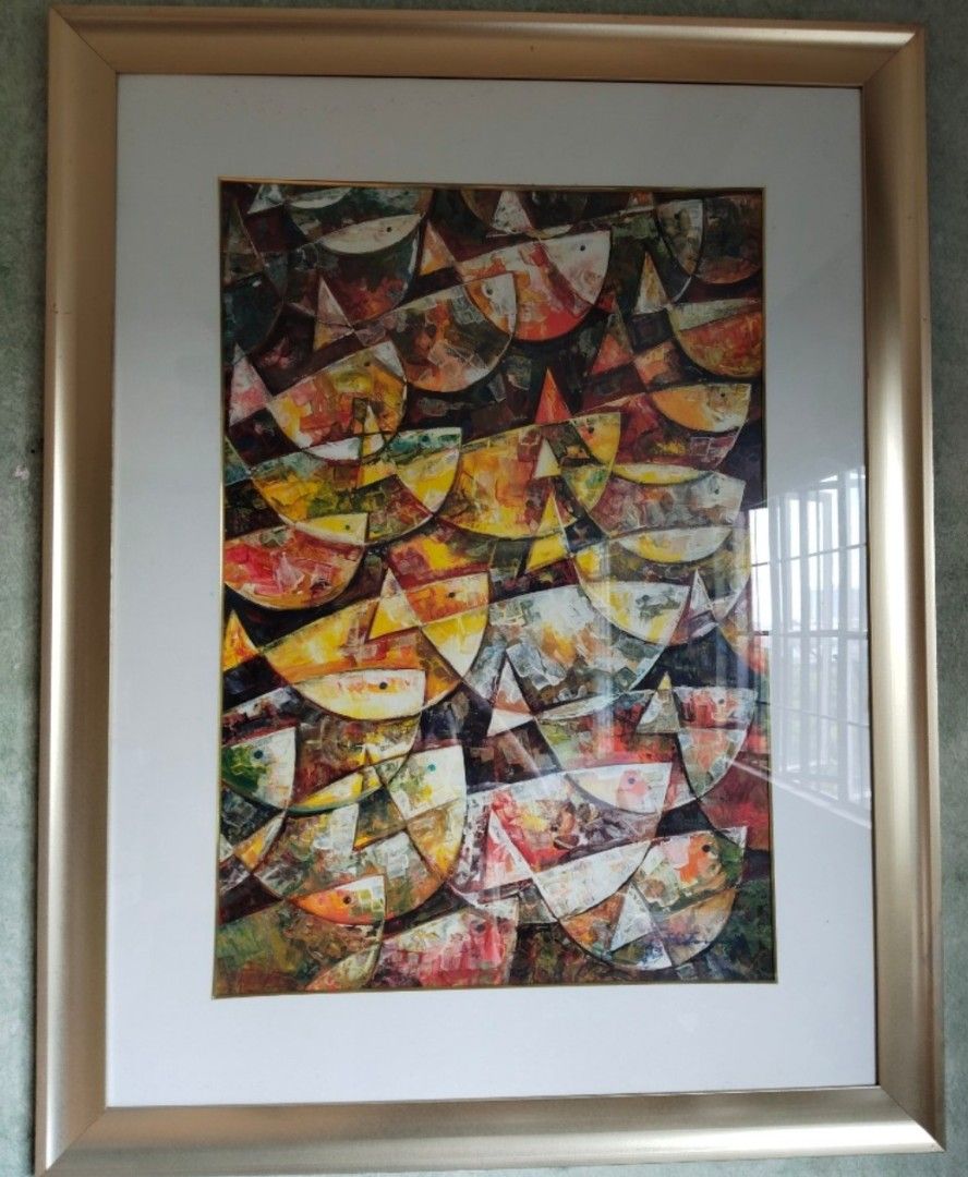 RENATO TOMAS PAINTING (Category: Vintage Collectibles) located in Quezon City. Submitted by joemag_corp_owl (Listing ID 1469190860, Image 3). Description: - Original artwork by Renato S. Tomas - Title: "Fish" - Medium: Acrylic on canvas - Year: 2009 - Includes Certificate of Authenticity from Ellene Art Gallery - Framed and ready to hang - Features a colorful abstract design SIZE OF PAINTING: 32"x22" medium-acrylic Size with Frame: H-113.3cm L-88