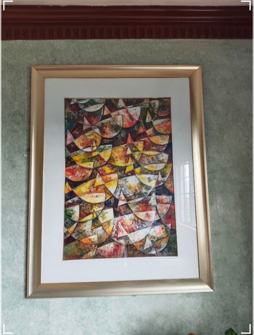 RENATO TOMAS PAINTING (Category: Vintage Collectibles) located in Quezon City. Submitted by joemag_corp_owl (Listing ID 1469190860, Image 2). Description: - Original artwork by Renato S. Tomas - Title: "Fish" - Medium: Acrylic on canvas - Year: 2009 - Includes Certificate of Authenticity from Ellene Art Gallery - Framed and ready to hang - Features a colorful abstract design SIZE OF PAINTING: 32"x22" medium-acrylic Size with Frame: H-113.3cm L-88