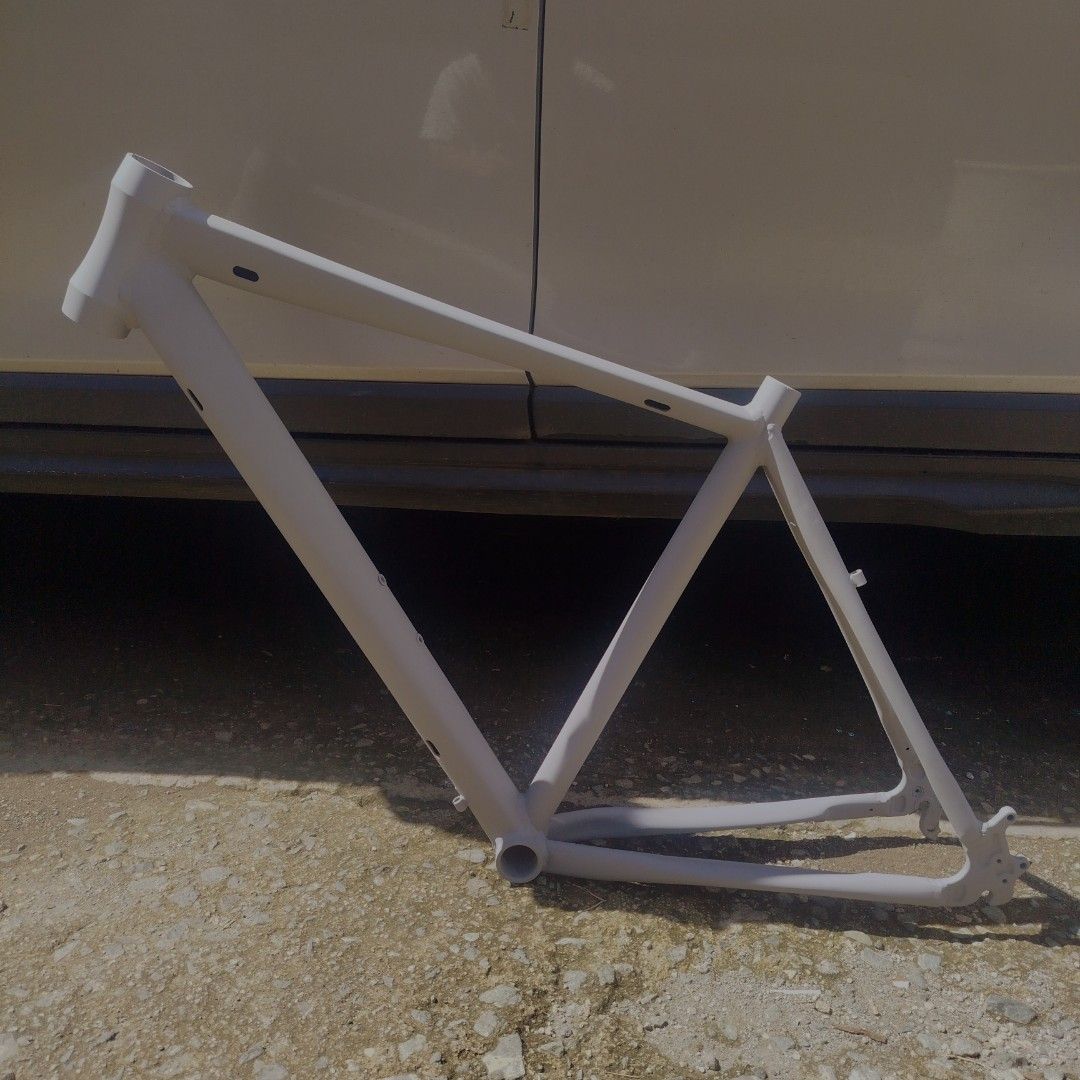 Repainted / Matte Gray Custom RB Bike Frame (Internal Cable Routing) (Category: Bicycles) located in Lucena. Submitted by lans2.0 (Listing ID 1469319814, Image 1). Description: Selling customized / repainted Road bike frame in matte gray / primer finish. Clean look, ready for your custom build or paint project! Specifications / Features: Material: Lightweight Alloy / Aluminum Color: Matte Light Gray / Sanded & Primed Cable Routing: Internal cable
