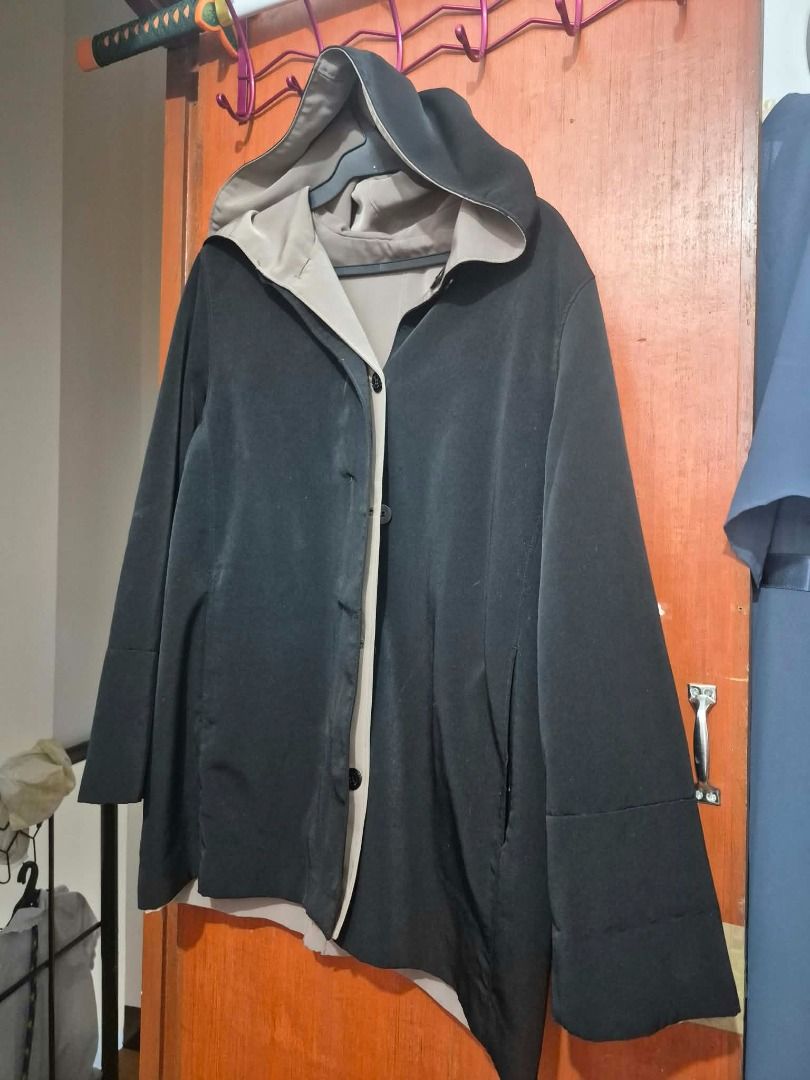Reversible Black and Beige Hooded Jacket (Category: Coats, Jackets and Outerwear) located in Pasig City. Submitted by kathee88 (Listing ID 1469190326, Image 2). Description: - Color: Black and beige - Design: Reversible two-tone style - Closure: Button front with large dark buttons - Hood: Attached with contrasting lining - Sleeves: Long with stitched cuffs - Fit: Perfect for easy everyday casual wear Price: Negotiable RFS: Decluttering Location: