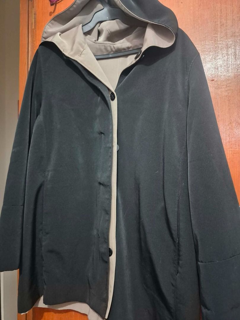 Reversible Black and Beige Hooded Jacket (Category: Coats, Jackets and Outerwear) located in Pasig City. Submitted by kathee88 (Listing ID 1469190326, Image 1). Description: - Color: Black and beige - Design: Reversible two-tone style - Closure: Button front with large dark buttons - Hood: Attached with contrasting lining - Sleeves: Long with stitched cuffs - Fit: Perfect for easy everyday casual wear Price: Negotiable RFS: Decluttering Location: