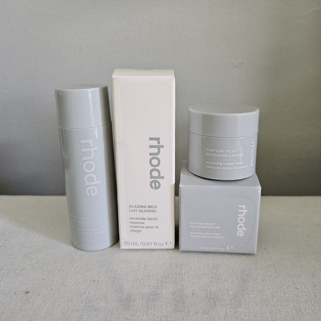 Rhode Glazing Milk and Caffeine Reset Mask Set (Category: Face Care) located in Taguig. Submitted by mesimpleshop (Listing ID 1469162360, Image 1). Description: - 100% Authentic, Brand new, unopened, and unused Rhode skincare bundle - Includes Glazing Milk ceramide facial essence (20ml) - Includes Caffeine Reset sculpting cream mask (8ml) - Comes in original boxes - Ready to ship.