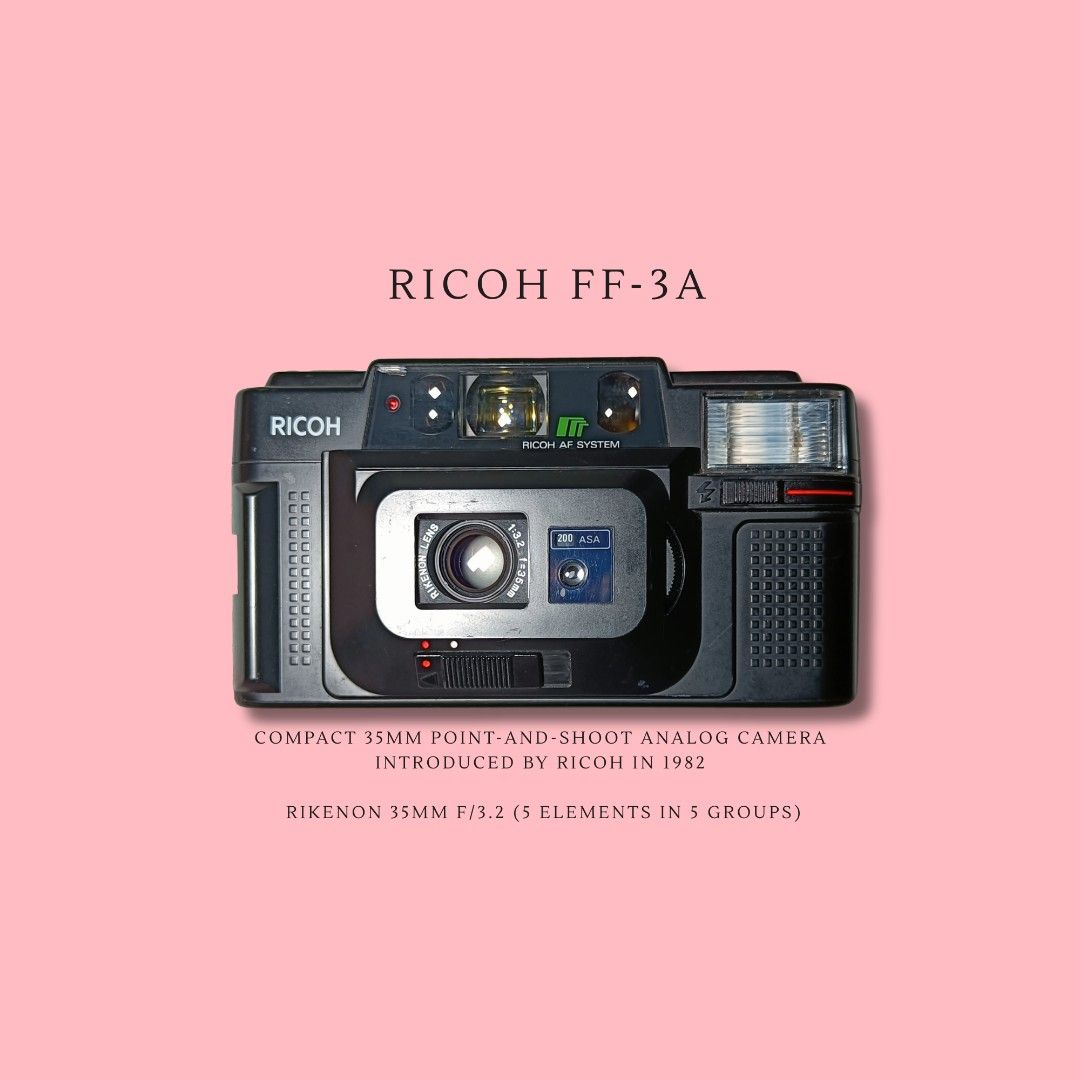 Ricoh FF-3A 35mm Point and Shoot Film Camera (Category: Cameras) located in Quezon City. Submitted by turntopage394 (Listing ID 1469225226, Image 1). Description: Model: Ricoh FF-3A compact analog camera (Released in 1982) - Lens: Rikenon 35mm f/3.2 (5 elements in 5 groups) (Just bought this recently: Never Been Used) Working, battery tested: Flash Working, Self timer working Issue: Scratch on the Lens Shield, minor signs of use Just recently had