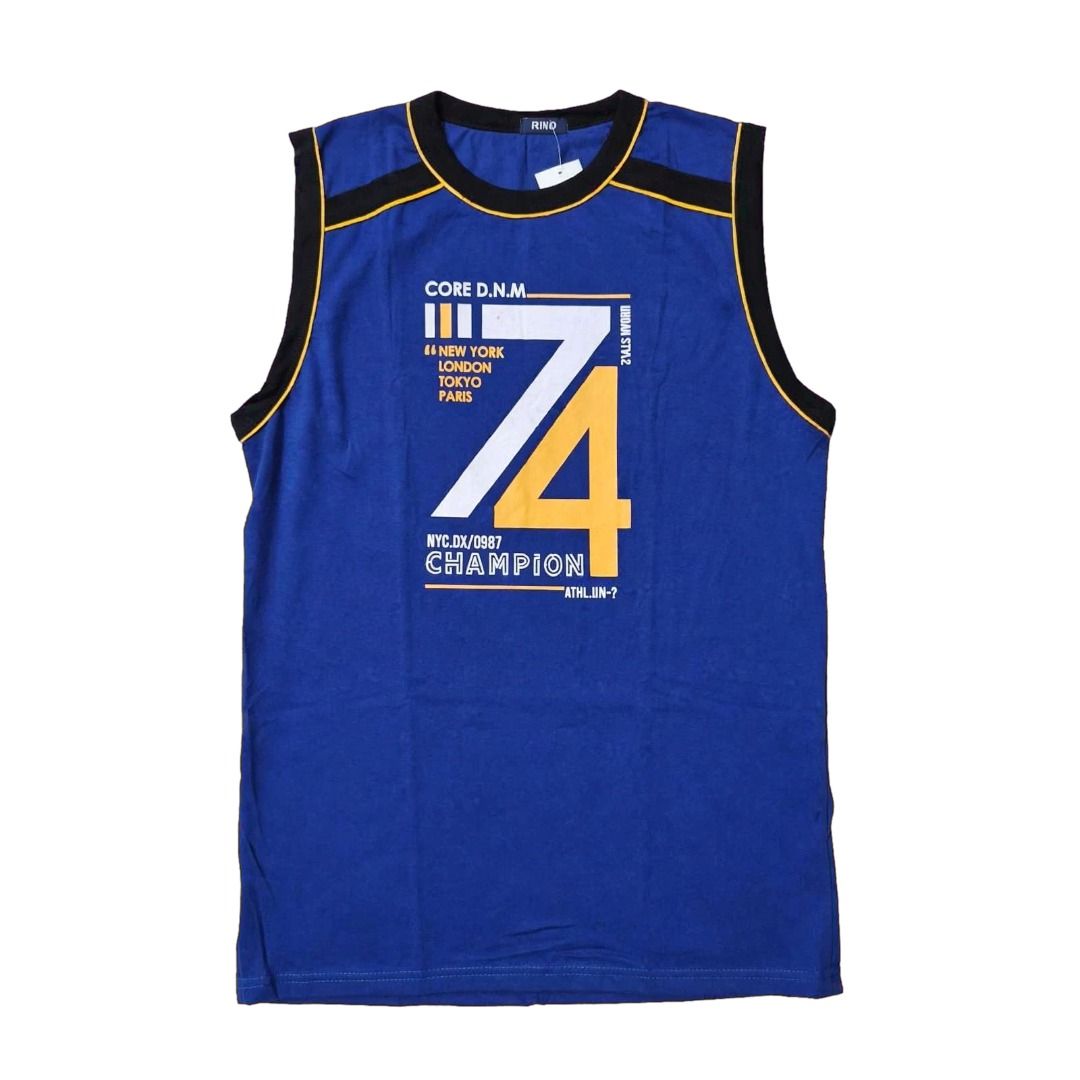 Rivo Muscle Tee (Category: Tshirts & Polo Shirts ) located in Caloocan City. Submitted by littlepurple888 (Listing ID 1469332956, Image 1). Description: - Brand: Rivo - Item: Blue tank top with original tag attached - Size: Large - Design: Large graphic number 74 print with Champion and city text - Details: Black and yellow ribbed trim on neckline and armholes - Condition: Brand new with tags.