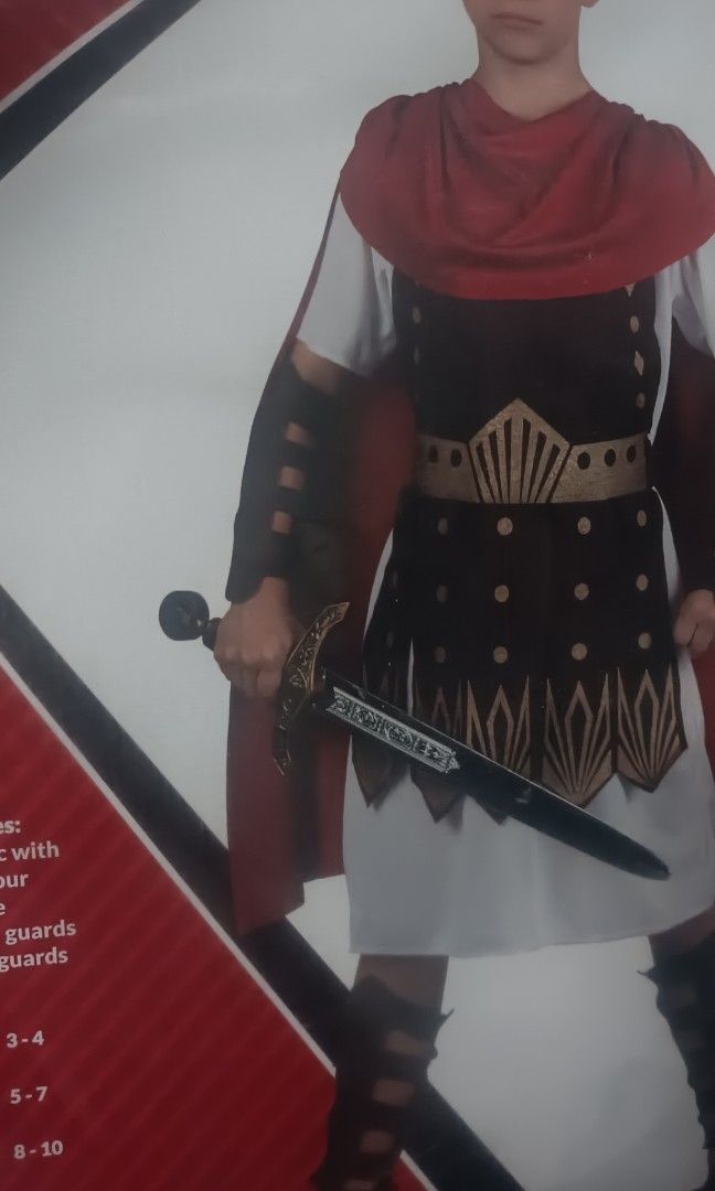 Roman Centurion/ Ancient Roman Military (Category: Babies & Kids Fashion) located in Pasig City. Submitted by heidedieh (Listing ID 1469309429, Image 2). Description: Includes; Tunic with Armour Cape leg guard arm guard chest 38 length 29 imches 8-10 on tag.