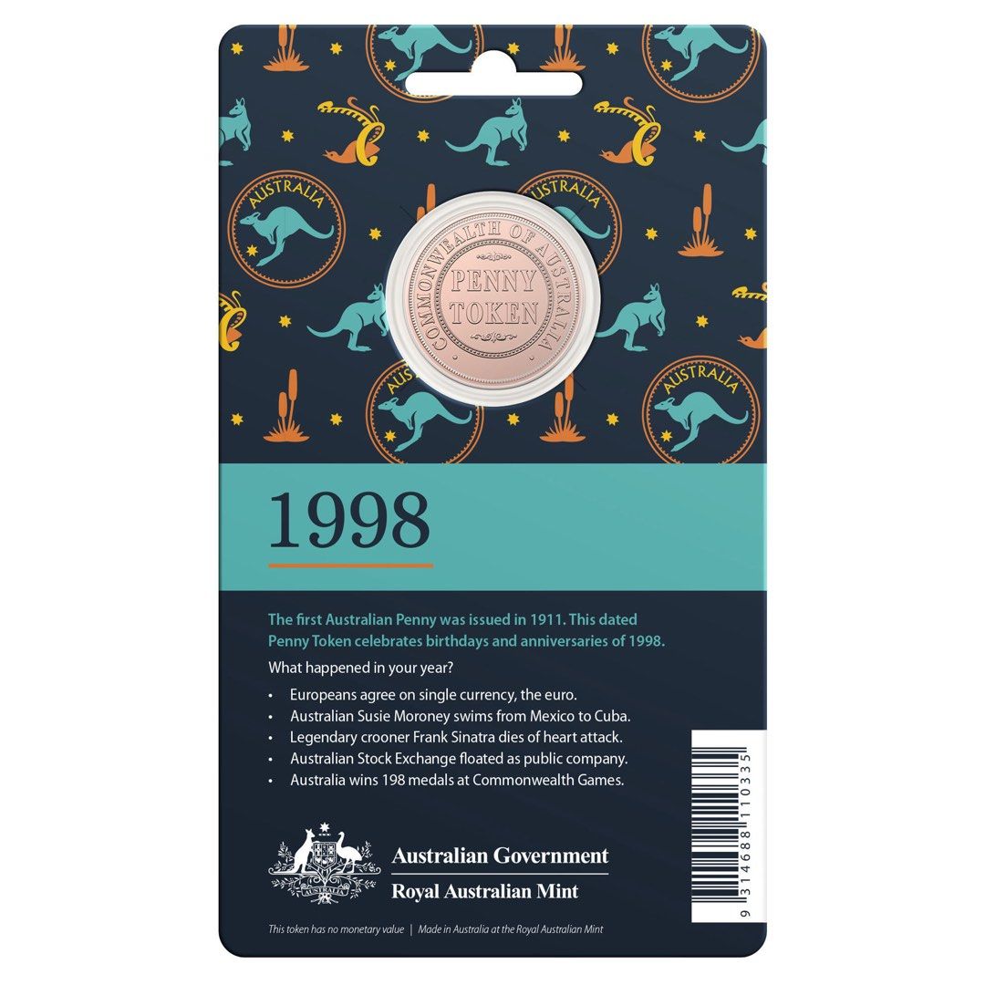 Royal Australian Mint 1998 Penny Token (Category: Currency) located in Quezon City. Submitted by cheskart (Listing ID 1469308715, Image 1). Description: - Authentic Royal Australian Mint 1998 penny token - Comes in original backing card - Features fun facts about 1998 on the back - Perfect novelty gift for 1998 birthdays and anniversaries - Collector's piece only (no monetary value).