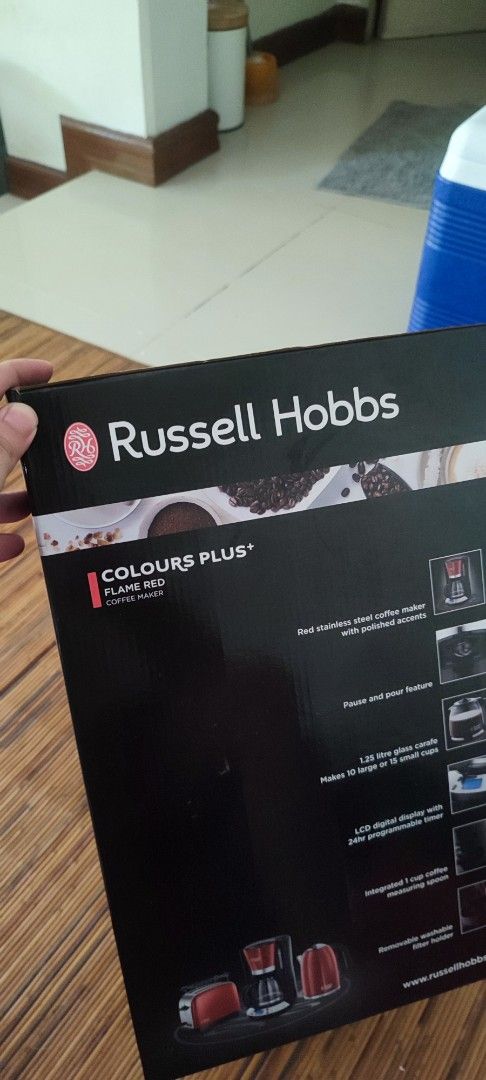 Russell Hobbs Colours Plus Coffee Maker Flame Red (Category: Coffee Machines & Makers) located in Manila. Submitted by jefftheplug (Listing ID 1469202871, Image 3). Description: - Brand: Russell Hobbs Colours Plus Coffee Maker - Color: Flame Red (Brand new, boxed, and unopened) - Capacity: 1.25-litre glass carafe (makes up to 10 large or 15 small cups) - Technology: WhirlTech brewing for rich flavor extraction - Convenience: LCD display with 24-h