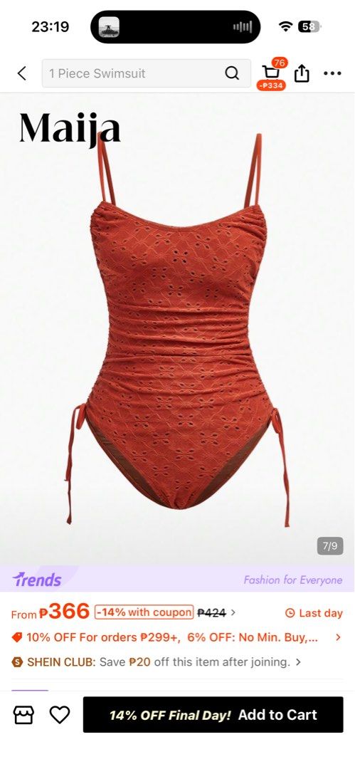 Rust Orange Eyelet Ruched One Piece Swimsuit Size S (Category: Bikinis & Swimsuits) located in Tuy. Submitted by mirpong0530 (Listing ID 1469322556, Image 2). Description: - Condition: Brand new with tags (never worn) - Color: Trendy rust orange - Design: Allover eyelet cut-out pattern with adjustable side drawstrings and ruching - Size: S RFS: Too large on me.