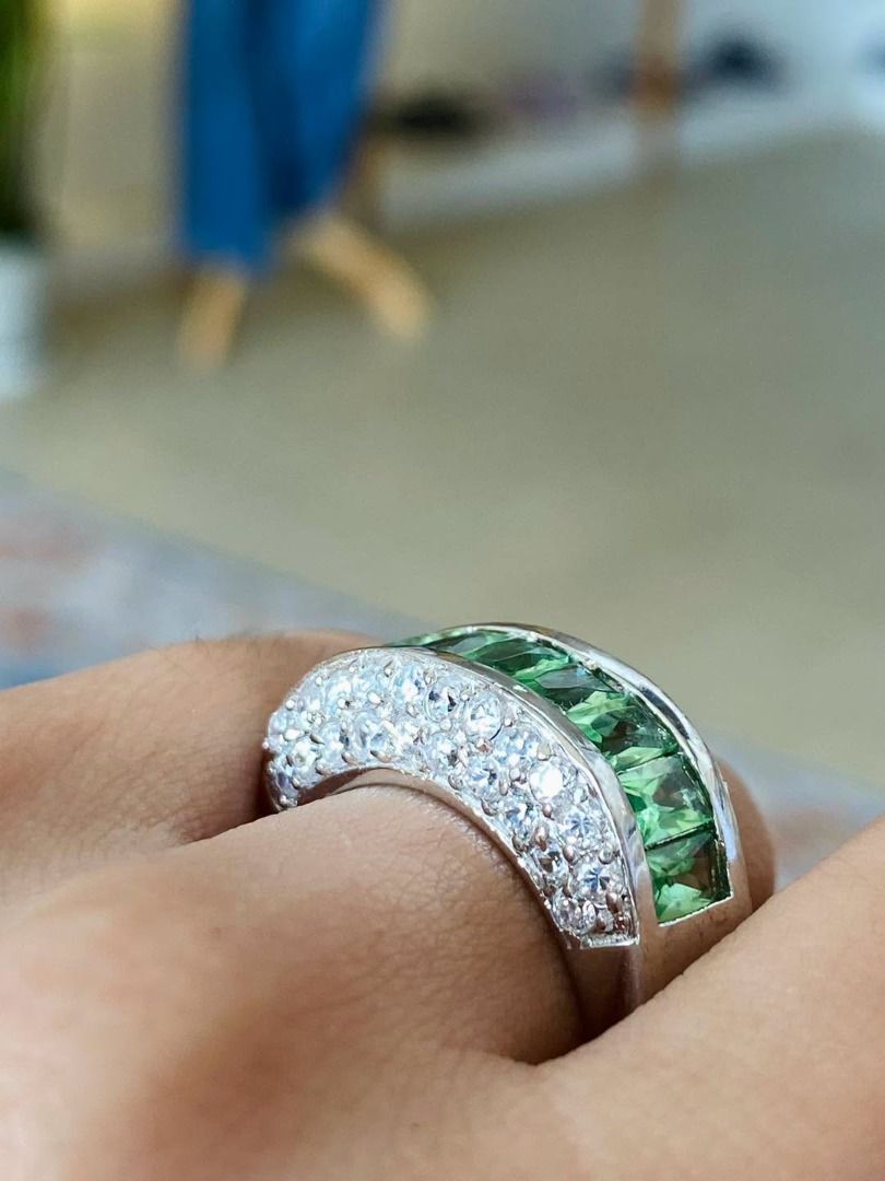 S8 Green Gemstone Silver Ring with Simulated Diamonds Ring (Category: Rings) located in Baguio. Submitted by asna_taku (Listing ID 1469259794, Image 2). Description: 💚 Green Gemstone Silver Ring with Simulated Diamonds ✨ A striking blend of vibrant green brilliance and classic silver elegance. This eye-catching ring features a row of emerald-toned rectangular gemstones, beautifully framed by shimmering simulated diamonds for an extra touch of sp