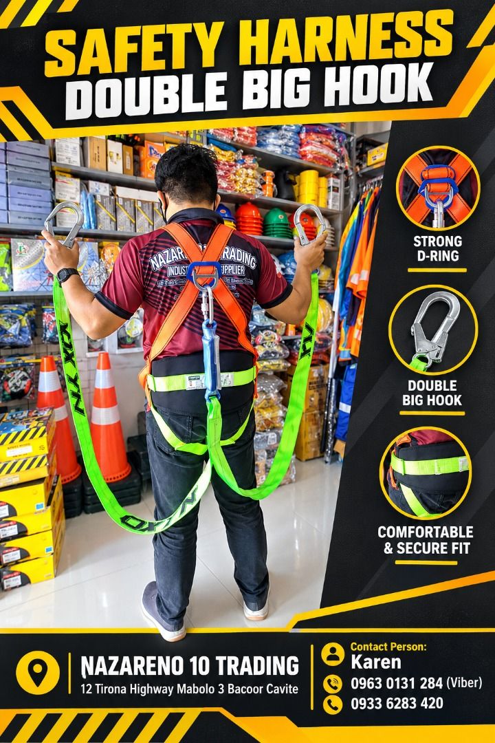 Safety Harness with Big hook (Category: Looking For) located in Bacoor. Submitted by kajezame.2021 (Listing ID 1469228854, Image 1). Description: Safety Harness with Big hook For More Details and Discount Contact Ms. Karen NAZARENO 10 TRADING 0963 0131 284 0933 6283 420 0956 7028 557 0933 8559 510 Landline: Look for Ms. Karen (046 ) 416 3920 Also available: • Traffic cone • Parking Block stopper • Hooded trash bin • Road Plastic Barrier • Spill b