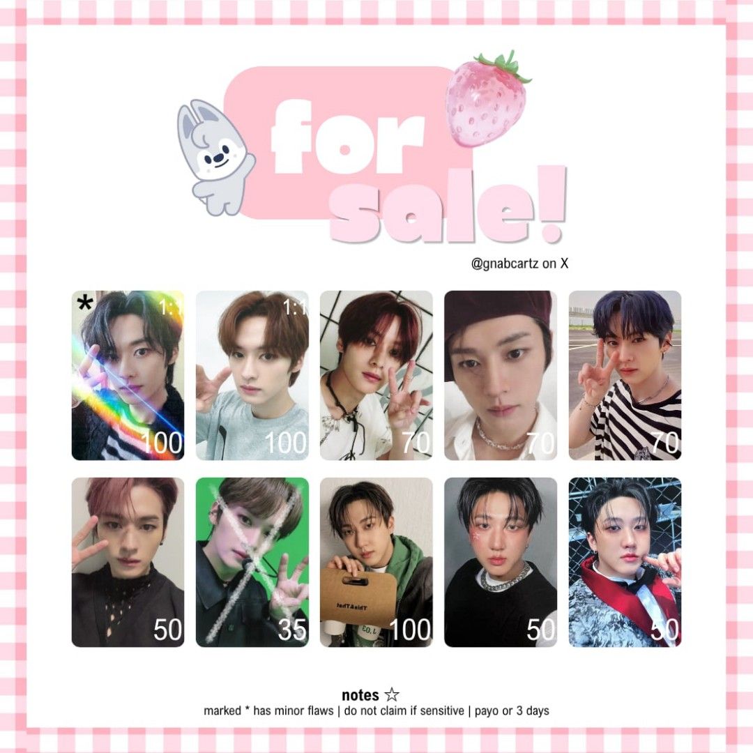 [SALE] skz pcs (Category: K-Wave Merchandise) located in Calabanga. Submitted by gnabcartz (Listing ID 1469190894, Image 1). Description: 𓏵 . . wts lfb ph decluttering skz pcs .ᐟ.ᐟ 🐚 #airisells ⤷ onhand ⤷ payo / 3 days ⤷ prio taking more ⤷ prices in photo ⤷ x sensi dm to claim/inquire ♡ ⌗ stray kids bang chan lee know changbin hyunjin han felix seungmin i.n.