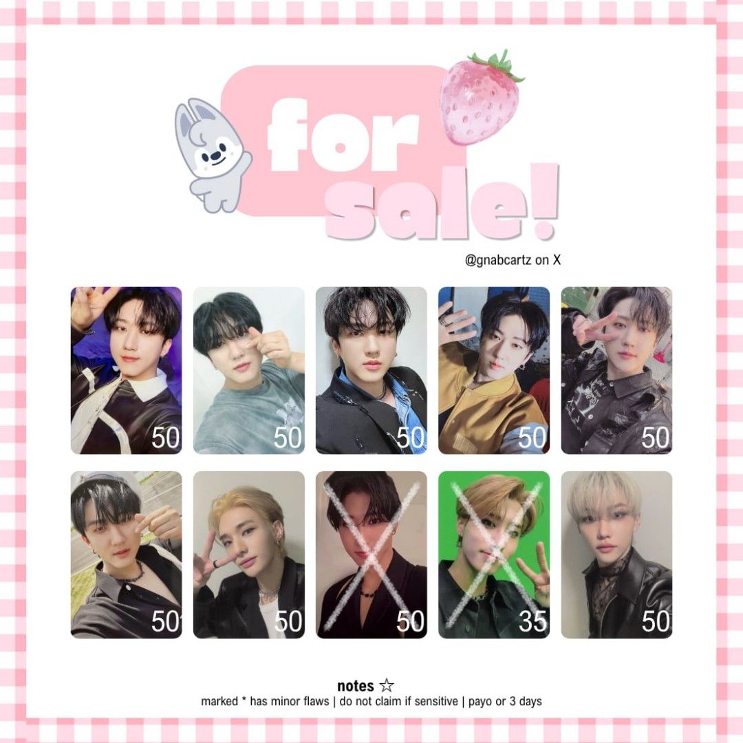 [SALE] skz pcs (Category: K-Wave Merchandise) located in Calabanga. Submitted by gnabcartz (Listing ID 1469190894, Image 2). Description: 𓏵 . . wts lfb ph decluttering skz pcs .ᐟ.ᐟ 🐚 #airisells ⤷ onhand ⤷ payo / 3 days ⤷ prio taking more ⤷ prices in photo ⤷ x sensi dm to claim/inquire ♡ ⌗ stray kids bang chan lee know changbin hyunjin han felix seungmin i.n.