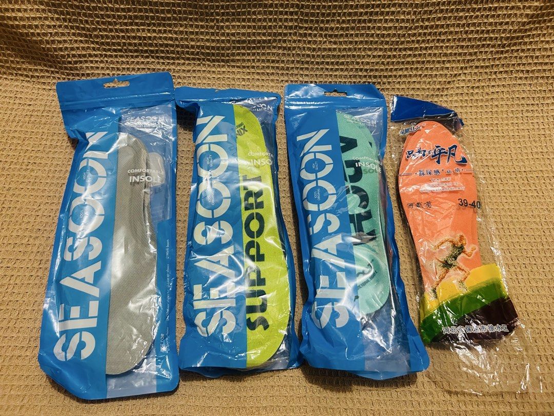 Seasoon & Xinifoot Arch Support Insoles Assorted Colors Sizes (Category: Sneakers) located in Paranaque City. Submitted by chesca_mae (Listing ID 1469323699, Image 1). Description: - Includes 4 pairs of insoles: Grey, Green, Orange, and Black - Brands: Xinifoot and Seasoon - Size: Free cutting design, easily trimmed to fit (Orange pair fits size 39-40) - Comfort: Cushioned heels and molded arches for maximum support - Usage: Ideal for daily shoes