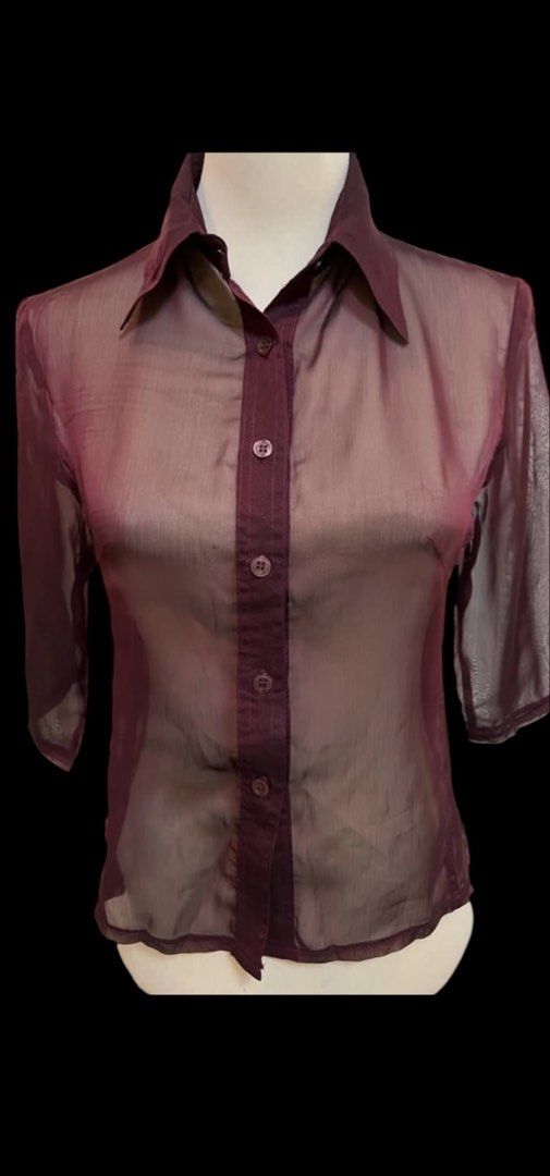See-thru Maroon Sheer Button Down Shirt Size M (Category: Blouses) located in Quezon City. Submitted by letsdeclutter101 (Listing ID 1469380261, Image 3). Description: - Brand/Label: Couture - Size: Medium (tag on collar) - Color: Maroon - Material: Lightweight sheer mesh with slight see-through finish - Design: Classic collared neckline, front button placket, and half sleeves - Detail: Solid fabric panel running down the collar and button line.
