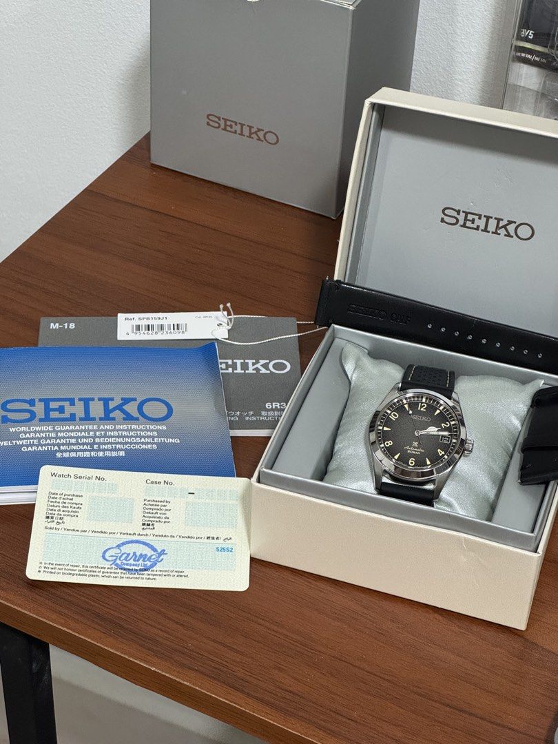 Seiko Baby Alpinist SPB159 (Category: Men's Watches) located in Paranaque City. Submitted by rockydlc (Listing ID 1469195595, Image 3). Description: For Sale Seiko Baby Alpinist SPB159J1 Discountinued model, hard to find Complete Set, comes with box, papers, tags, and seiko calf leather strap Currently on a silicon rubber strap with the original seiko deployant clasp Very good condition, no scratches on glass Merville Paranaque location.