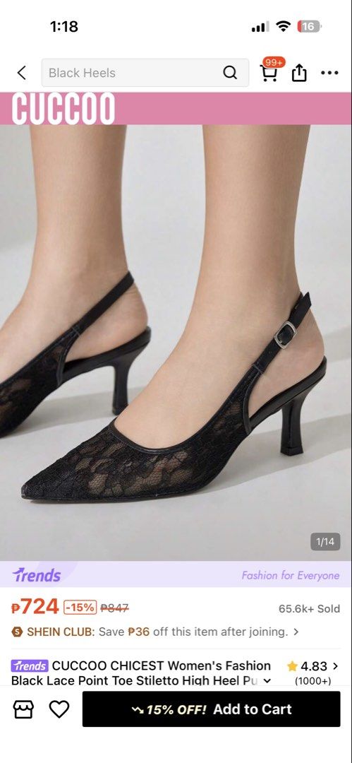 Shein Black Kitten Heels (Category: Heels) located in Pasig City. Submitted by thriftzzsweep (Listing ID 1469202496, Image 1). Description: - Style: Pointed-toe stiletto heels with thin mid-height heel - Design: Delicate floral lace mesh material throughout in classic black - Fit: Slingback strap with adjustable buckle closure - Condition: Brand new, never worn - Occasion: Perfect for formal events, parties, or nights out.