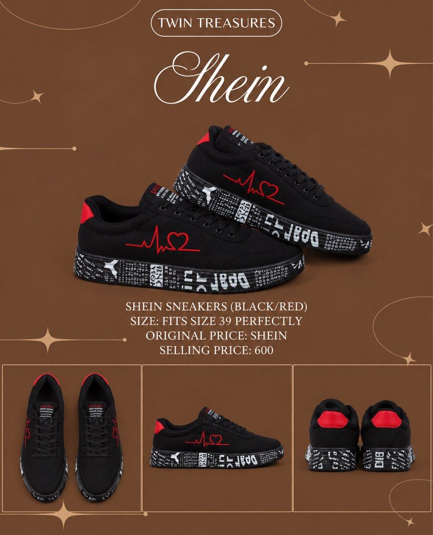 Shein Black Red Heart Pattern Sneakers Size 39 (Category: Sneakers) located in Pasig City. Submitted by nadineelja10271 (Listing ID 1469356259, Image 1). Description: - Brand: Shein - Condition: Brand new, never worn - Size: Exact fit for size 39 - Design: Black sneakers with red heart and heartbeat line embroidery - Details: Unique black & white patterned sole with a bright red heel tab - Style: Great daily kicks for streetwear outfits.