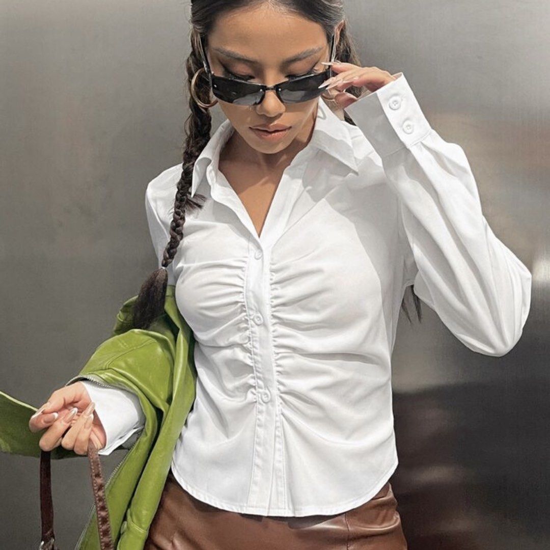 shein white ruched long sleeve button down (Category: Longsleeves) located in Quezon City. Submitted by s.haaa (Listing ID 1469249852, Image 1). Description: used once.
