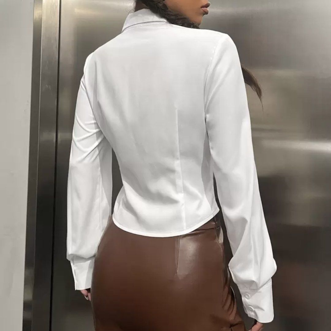 shein white ruched long sleeve button down (Category: Longsleeves) located in Quezon City. Submitted by s.haaa (Listing ID 1469249852, Image 2). Description: used once.