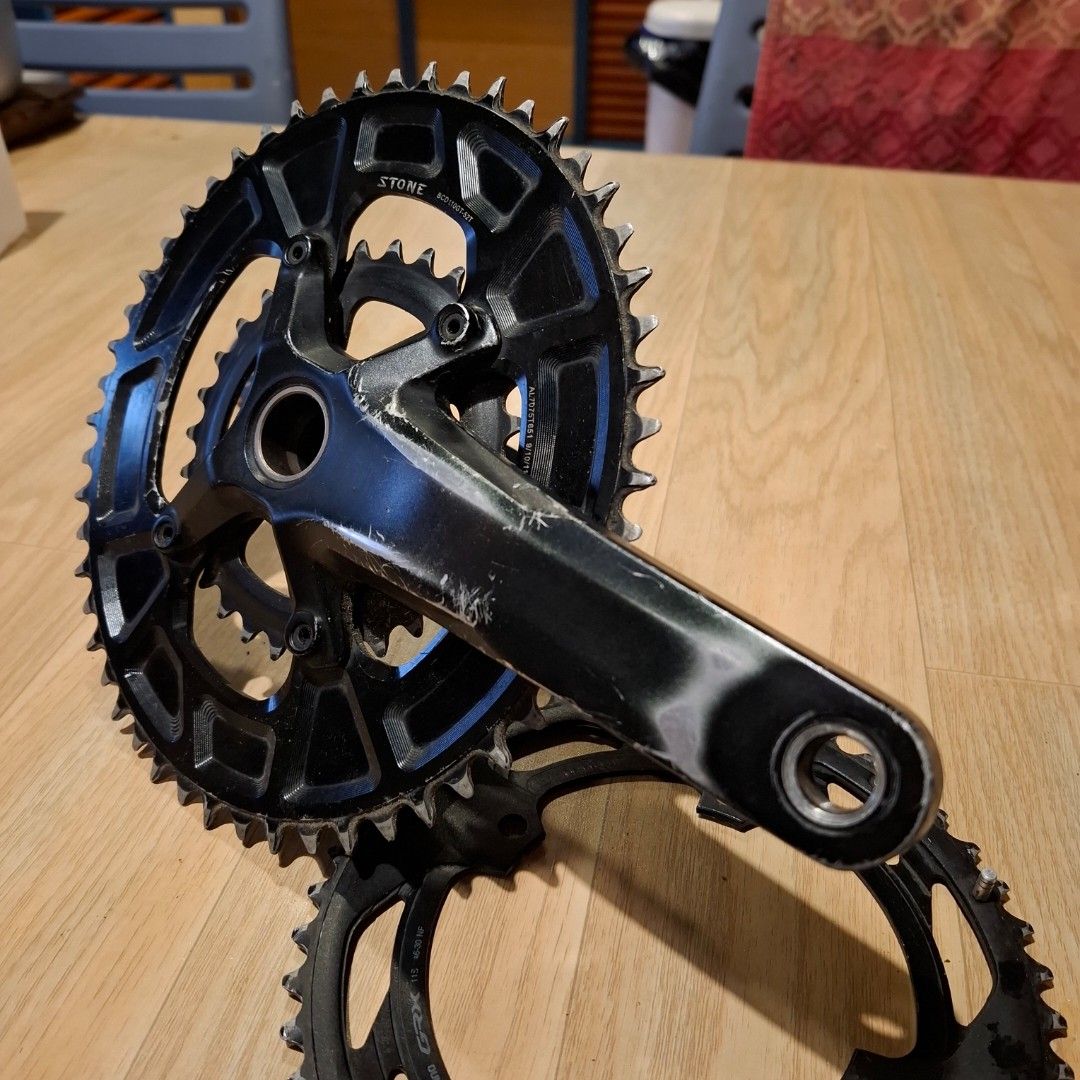 Shimano GRX Crankset with Stone Chainring (Category: Bicycles) located in Calamba. Submitted by 19836n (Listing ID 1469205866, Image 3). Description: - Shimano GRX crankset paired with a Stone 52T chainring - Clearly stamped with BCD110GT-52T markings on the aluminium chainring - Spindle and teeth are intact, ready for gravel or road setup - Includes extra Shimano GRX chainrings with normal wear and scratches - Perfect drivetrain upgrade for your