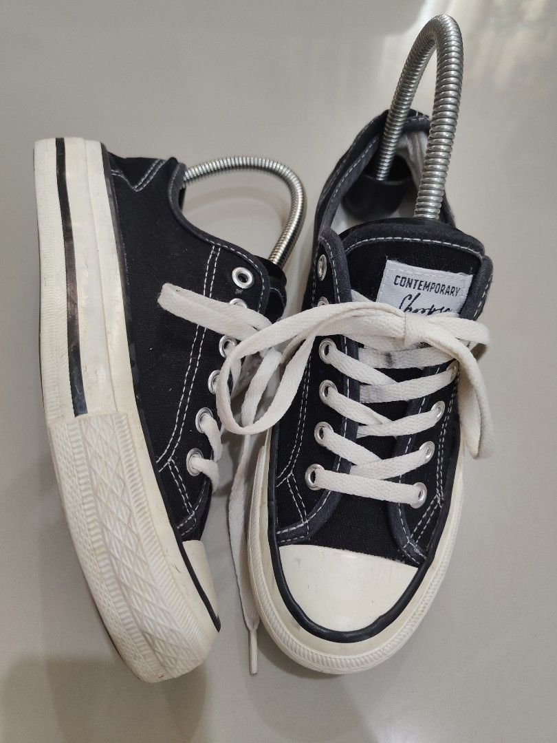 Shoopen Black Canvas Low Top Sneakers Size 37 (Category: Sneakers) located in Calamba. Submitted by an_ne0501 (Listing ID 1469211209, Image 1). Description: - Brand/Model: Shoopen Black Canvas Sneakers - Size: 37 - Design: Low top with white laces, contrast stitching, and classic rubber toe cap - Sole: Textured platform sole with minimal tread wear, lots of life left - Style: Versatile and easy to match with casual everyday outfits.