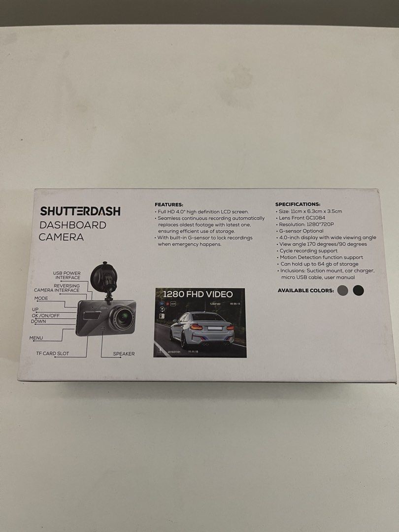 Shutterdash Dashboard Camera HD 4.0 Inch Wide Screen (Category: Cameras) located in Pasig City. Submitted by altopentle (Listing ID 1469211666, Image 2). Description: - Brand: Shutterdash Dashcam - Screen: 4.0-inch LCD display - Resolution: 1280x720p HD video - Lens: 170-degree wide angle - Condition: Unused, complete with original box - Inclusions: Suction mount, car charger, micro USB cable, and user manual RFS: Surplus/Decluttering. See photos